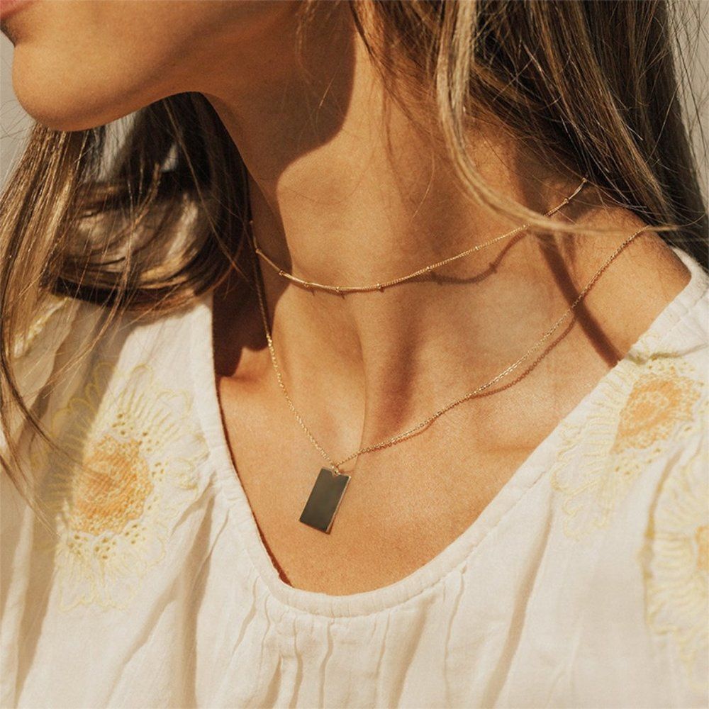 Delicate Layered Necklace Set, Gold Square Pendant Layering Necklace, 14KGold Pl